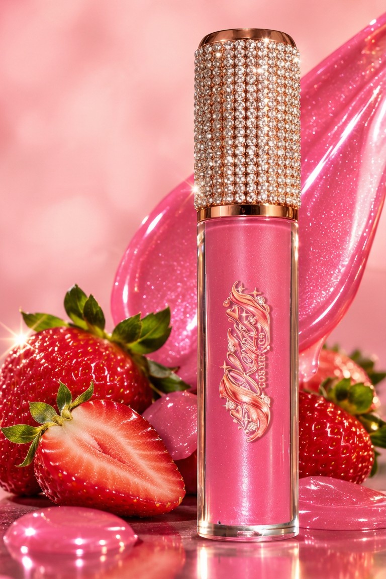 Blush Affair strawberry shimmer lipgloss — a rosy-pink gloss in a clear tube with a rhinestone cap, set among fresh strawberries on a blush-pink background
