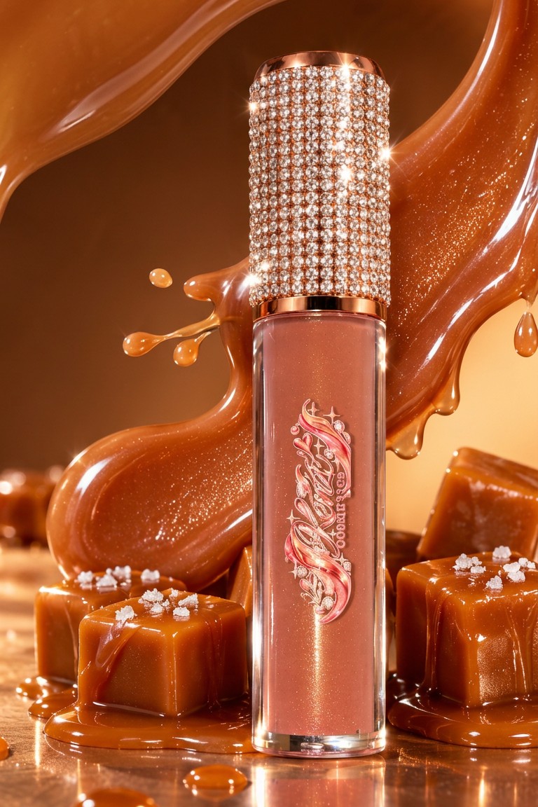 Caramel Crème caramel shimmer lipgloss — a warm caramel-nude gloss in a clear tube with a rhinestone cap, set among salted caramel cubes on a warm amber background