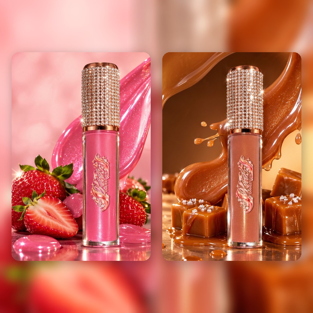 The Signature Pair — the Blush Affair strawberry shimmer lipgloss and the Caramel Crème caramel shimmer lipgloss shown side by side, each in its own photo: the rosy-pink gloss among fresh strawberries and the caramel-nude gloss among salted caramel cubes